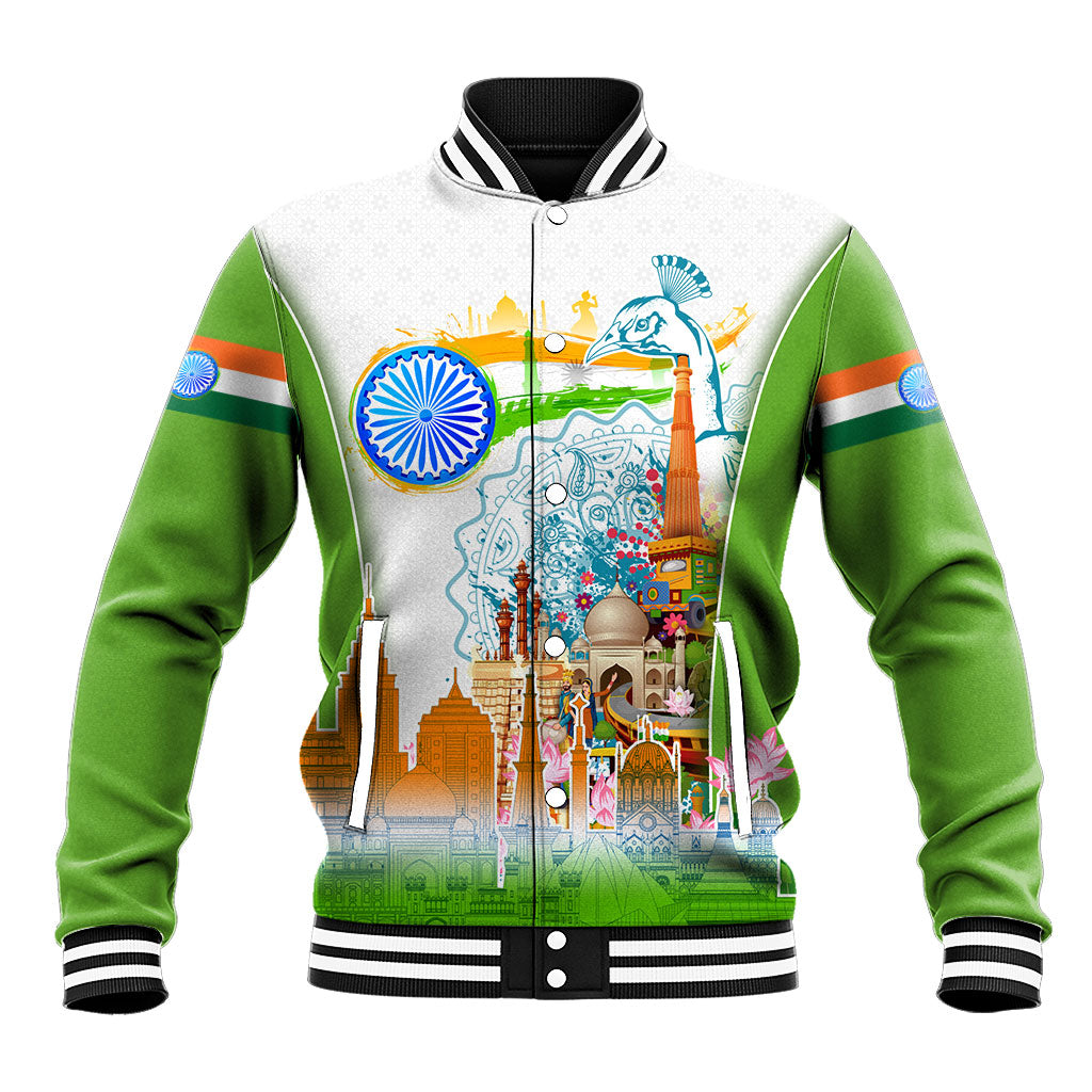 India Independence Day Baseball Jacket Indian Landmark Peacock Mandala Cultural Heritage