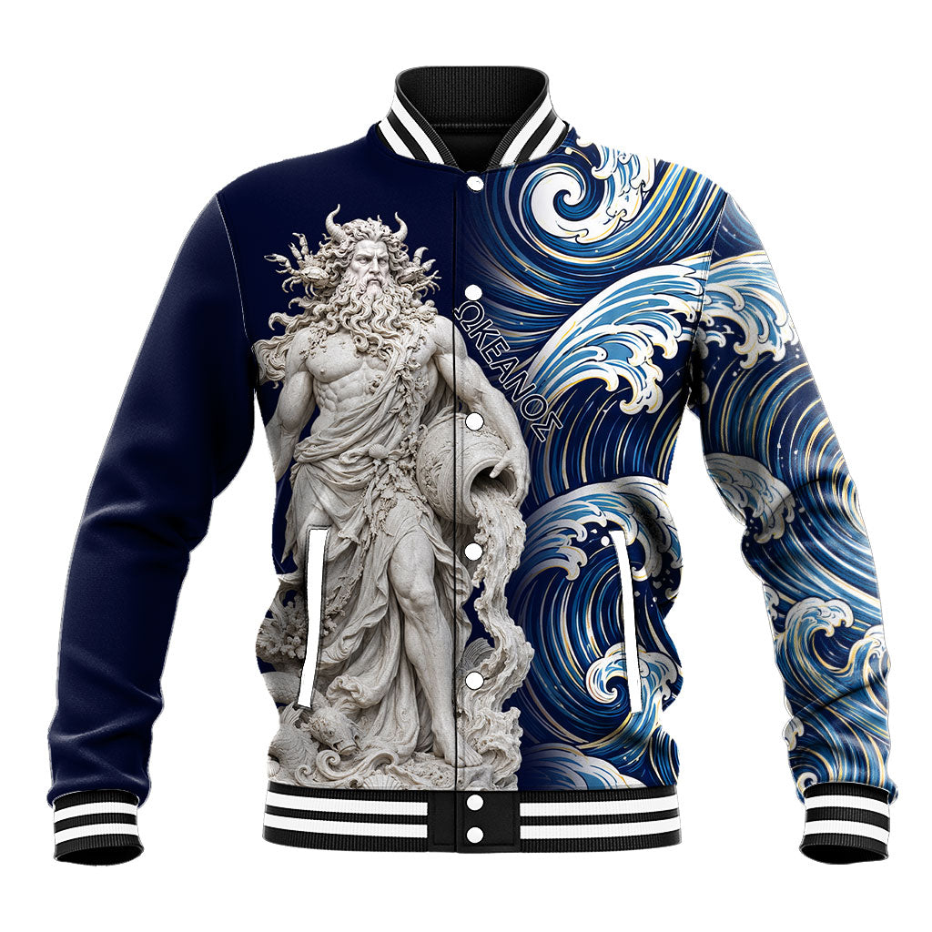 Oceanus Okeanos Greek Titan Sea God Baseball Jacket Classical Marble Statue Sculpted Ocean Waves Design