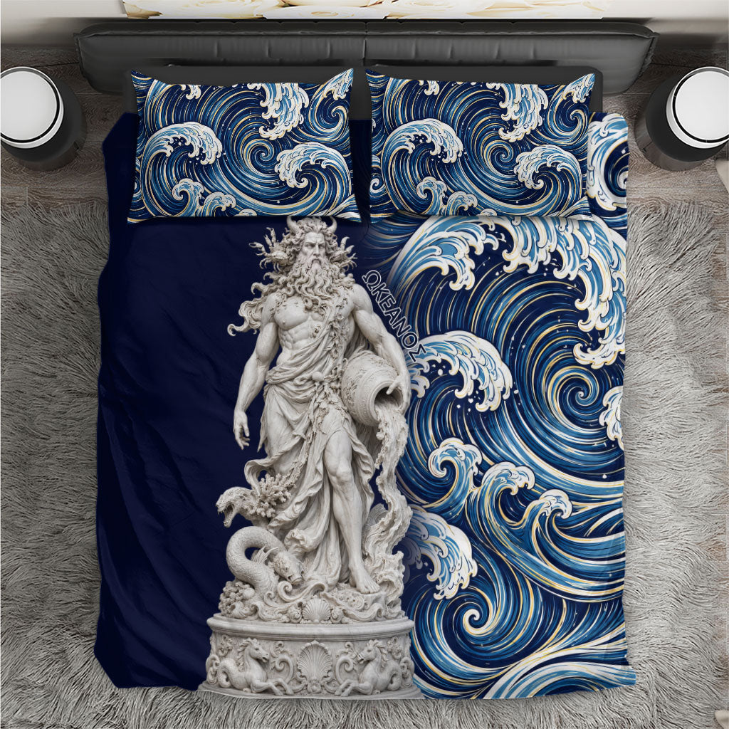 Oceanus Okeanos Greek Titan Sea God Bedding Set Classical Marble Statue Sculpted Ocean Waves Design