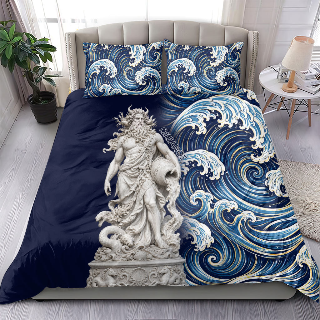 Oceanus Okeanos Greek Titan Sea God Bedding Set Classical Marble Statue Sculpted Ocean Waves Design