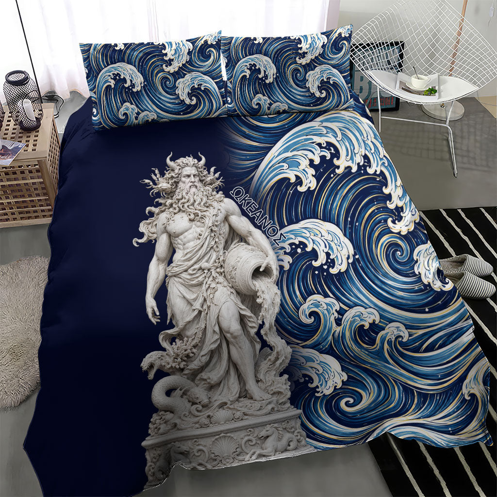 Oceanus Okeanos Greek Titan Sea God Bedding Set Classical Marble Statue Sculpted Ocean Waves Design