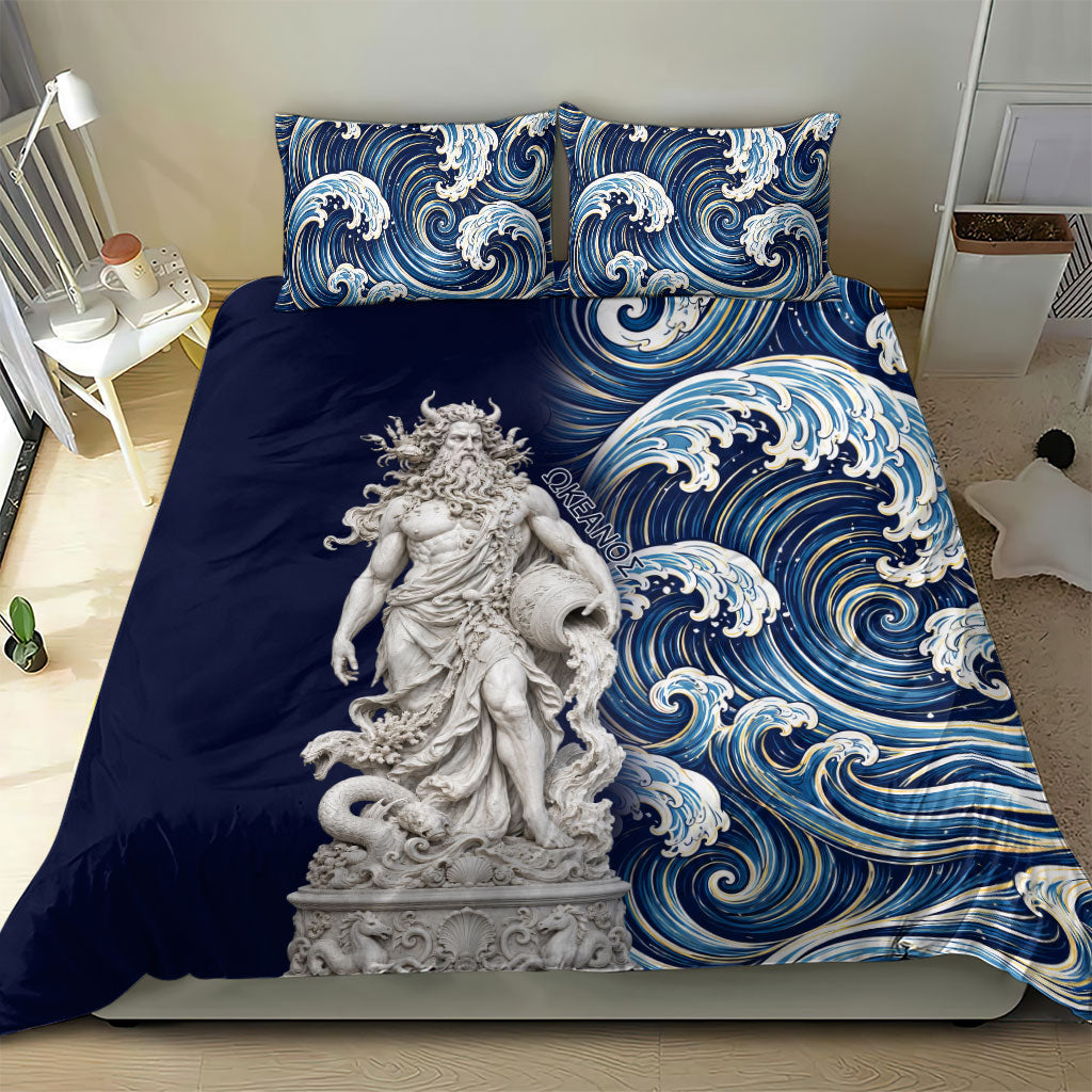 Oceanus Okeanos Greek Titan Sea God Bedding Set Classical Marble Statue Sculpted Ocean Waves Design