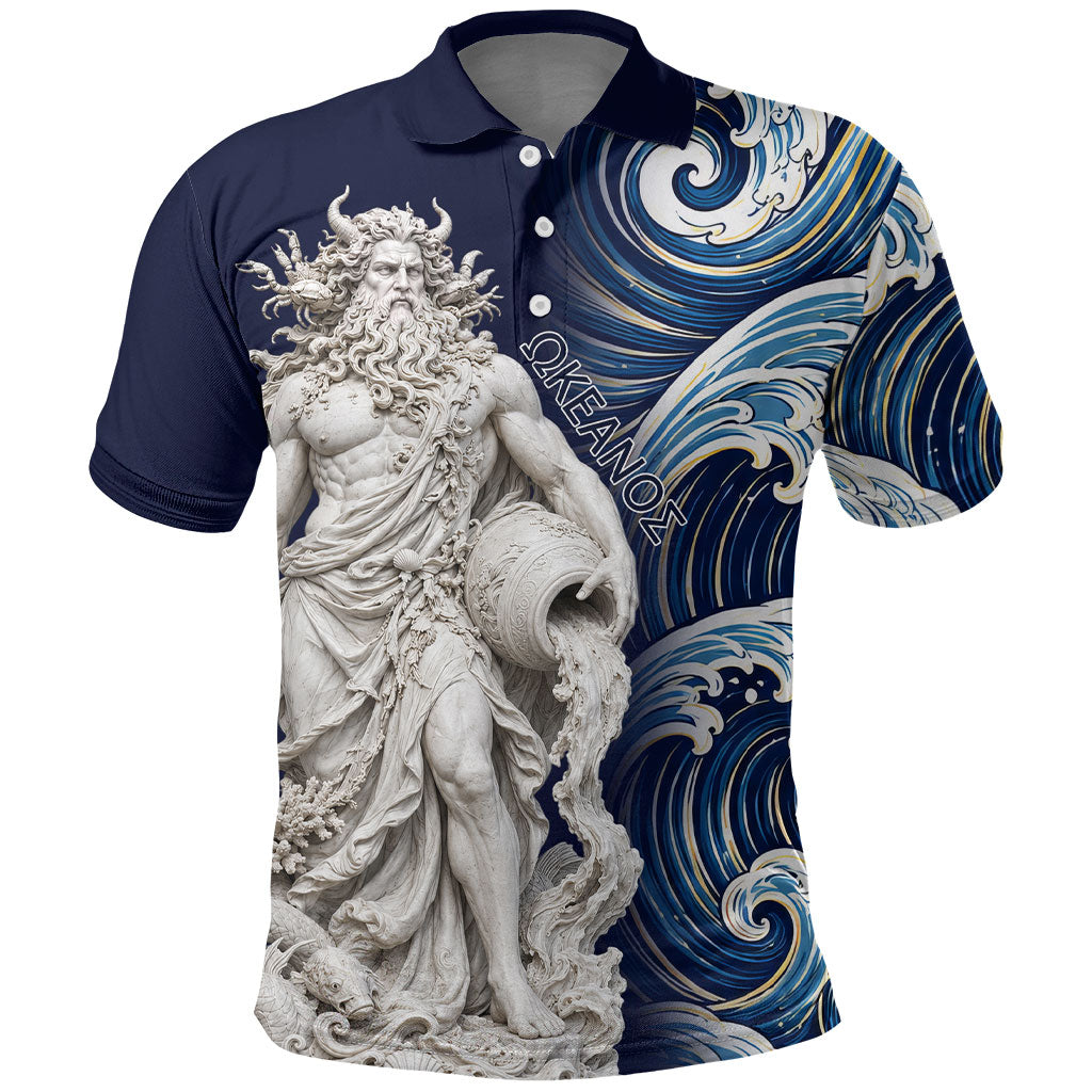 Oceanus Okeanos Greek Titan Sea God Polo Shirt Classical Marble Statue Sculpted Ocean Waves Design