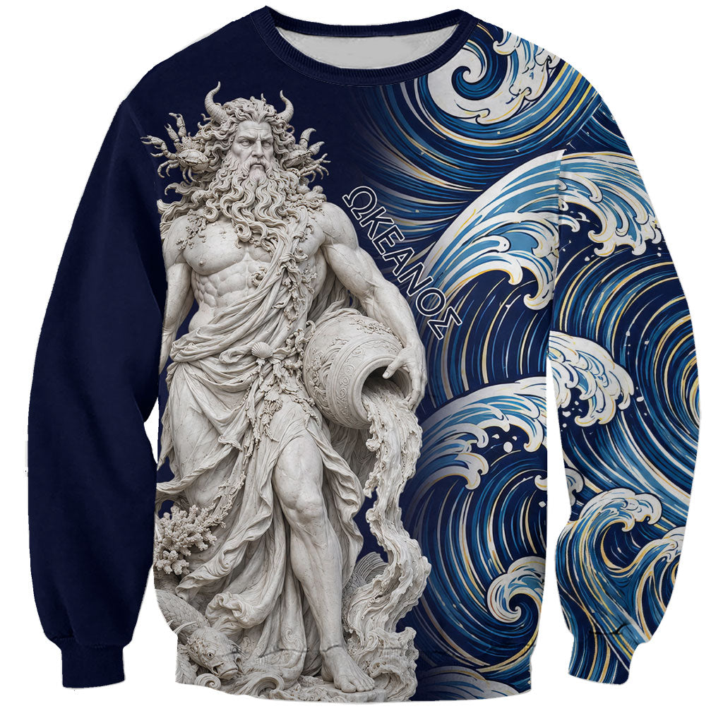 Oceanus Okeanos Greek Titan Sea God Sweatshirt Classical Marble Statue Sculpted Ocean Waves Design