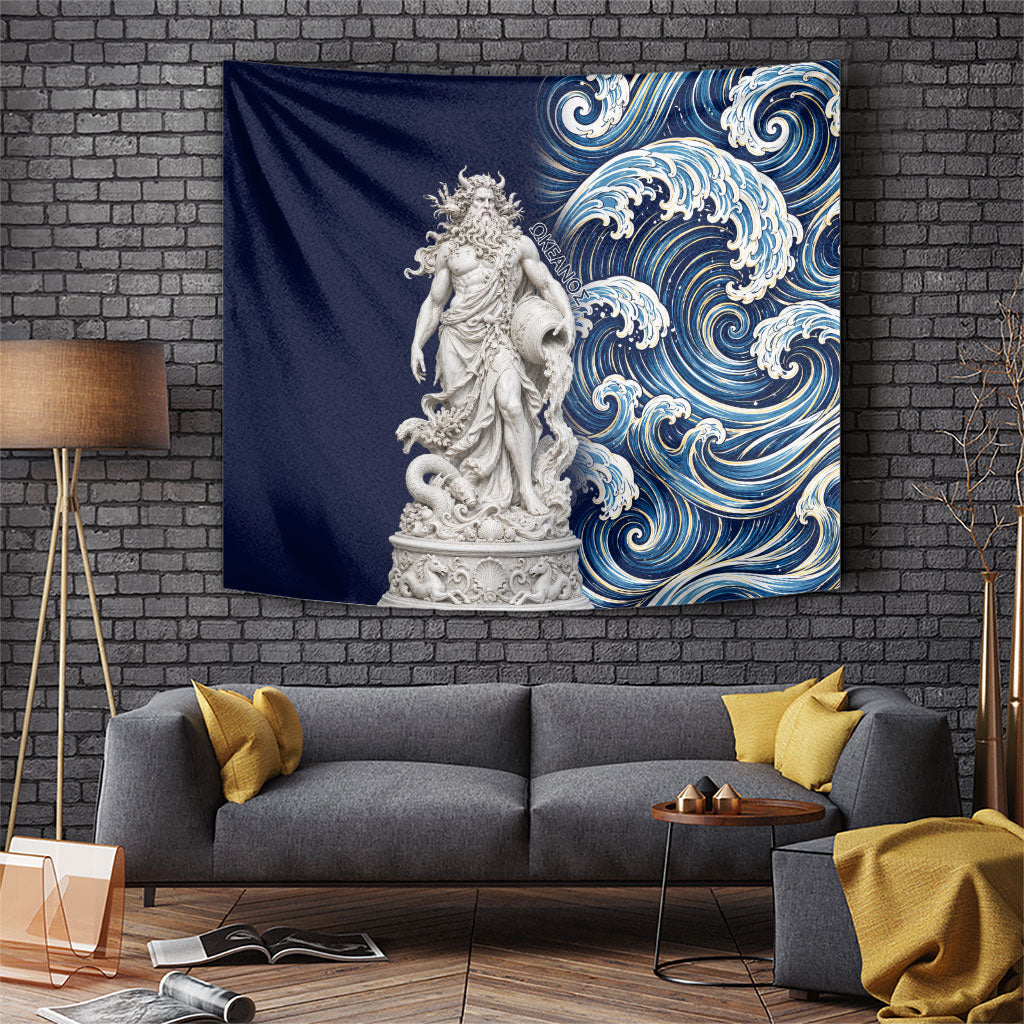 Oceanus Okeanos Greek Titan Sea God Tapestry Classical Marble Statue Sculpted Ocean Waves Design