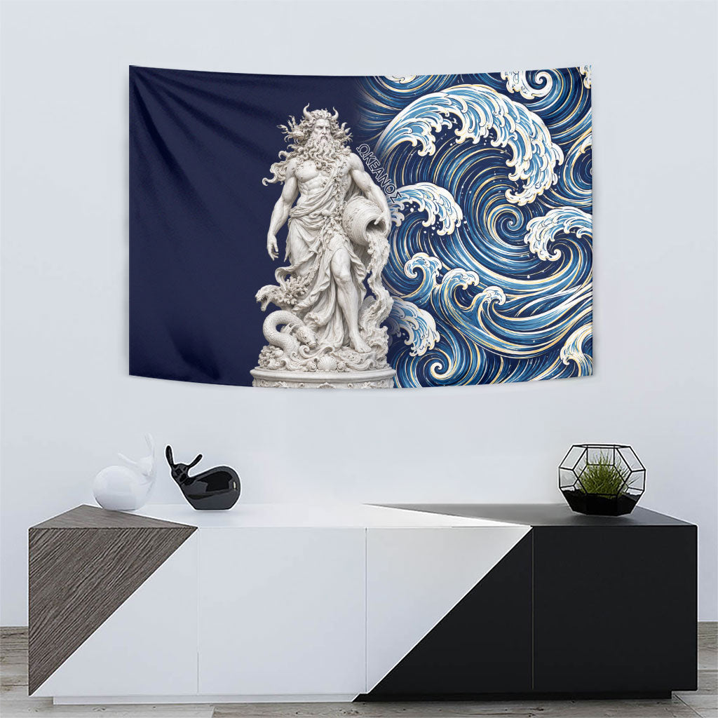 Oceanus Okeanos Greek Titan Sea God Tapestry Classical Marble Statue Sculpted Ocean Waves Design