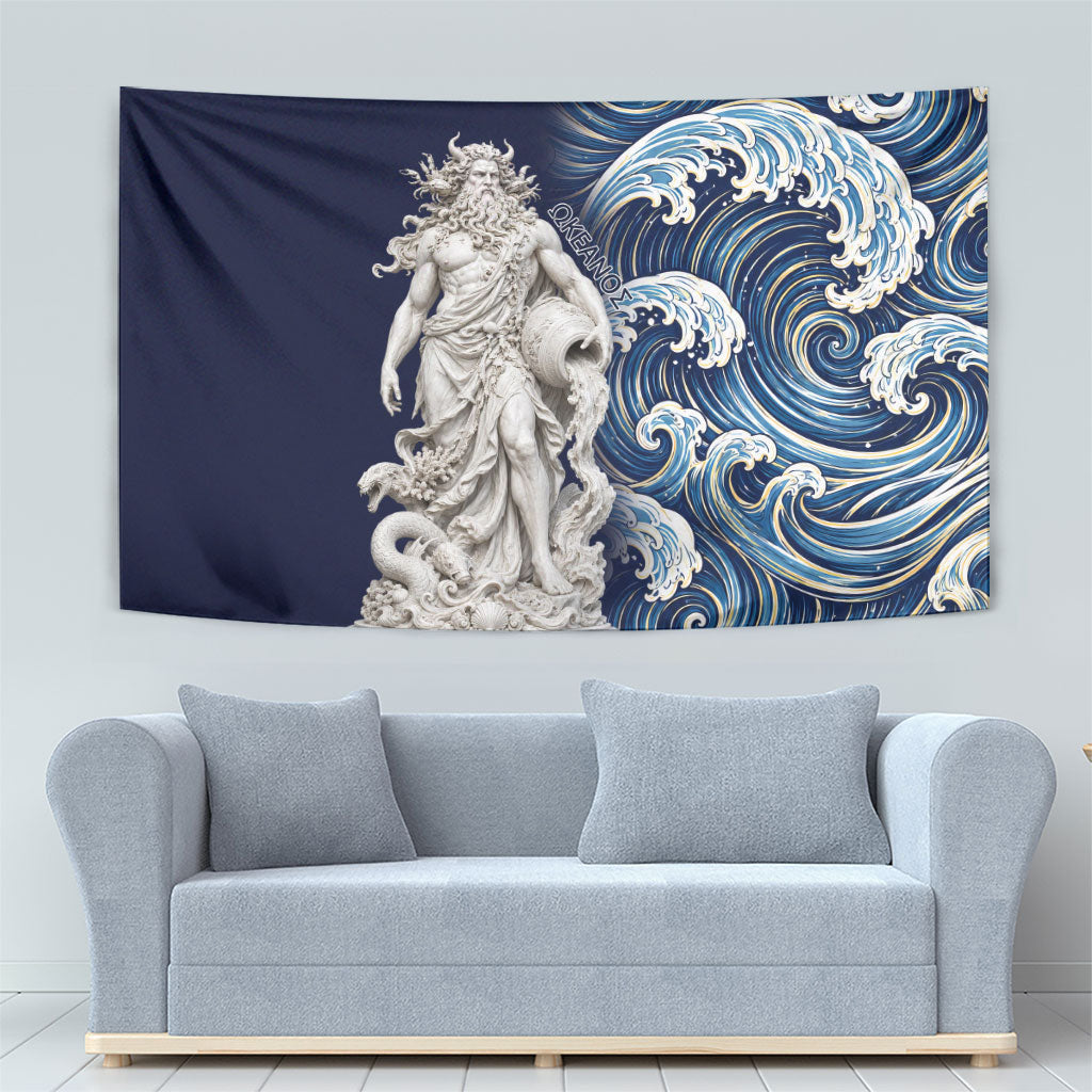 Oceanus Okeanos Greek Titan Sea God Tapestry Classical Marble Statue Sculpted Ocean Waves Design