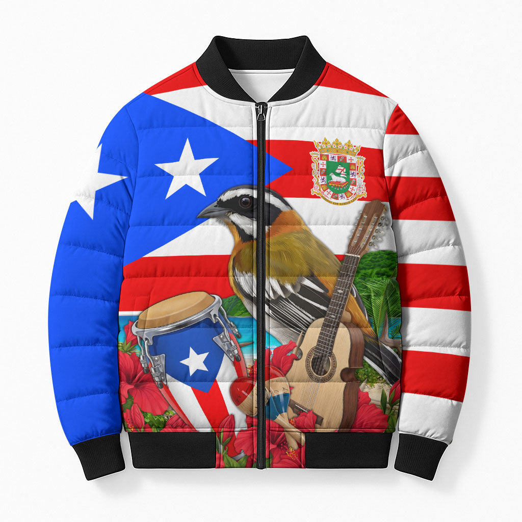 Puerto Rico Hispanic Heritage Month Bomber Puffer Jacket Boricua Pride Tropical Beach Flag Art