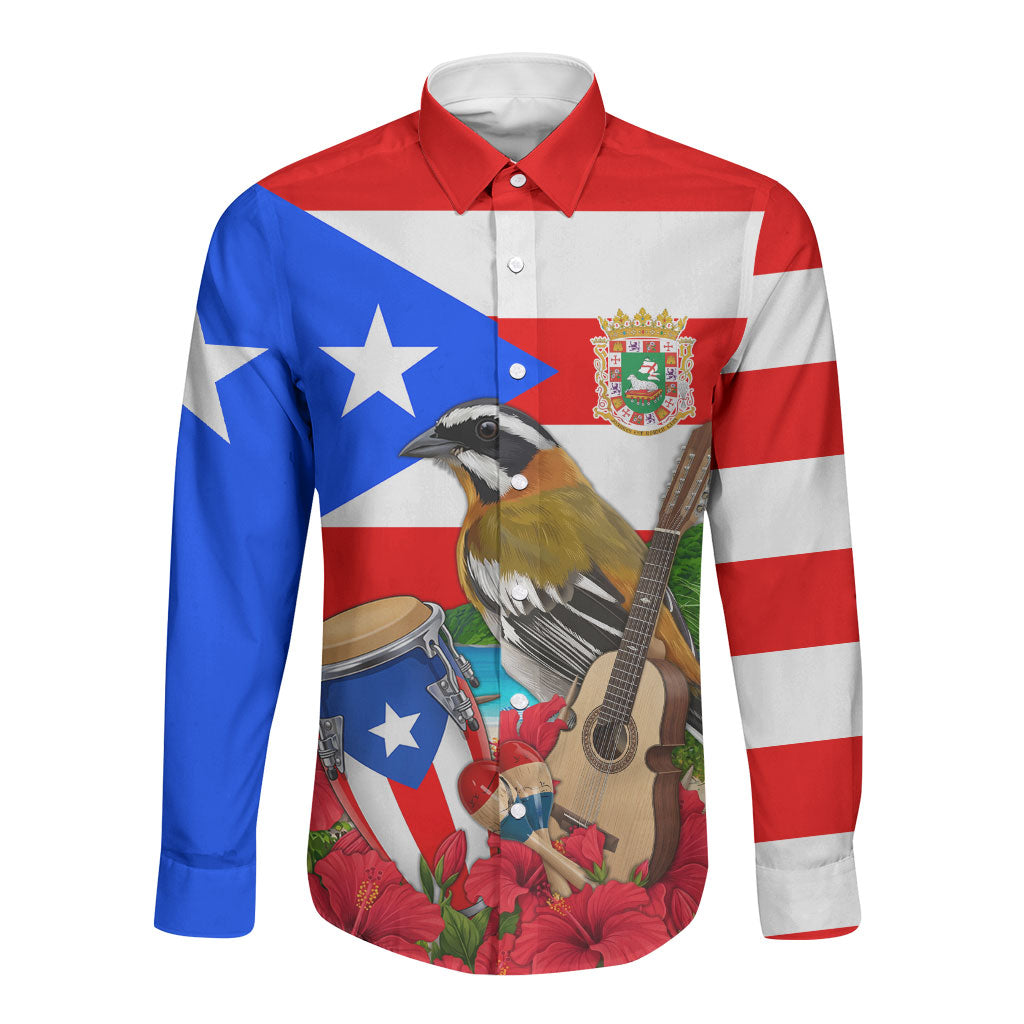 Puerto Rico Hispanic Heritage Month Long Sleeve Button Shirt Boricua Pride Tropical Beach Flag Art