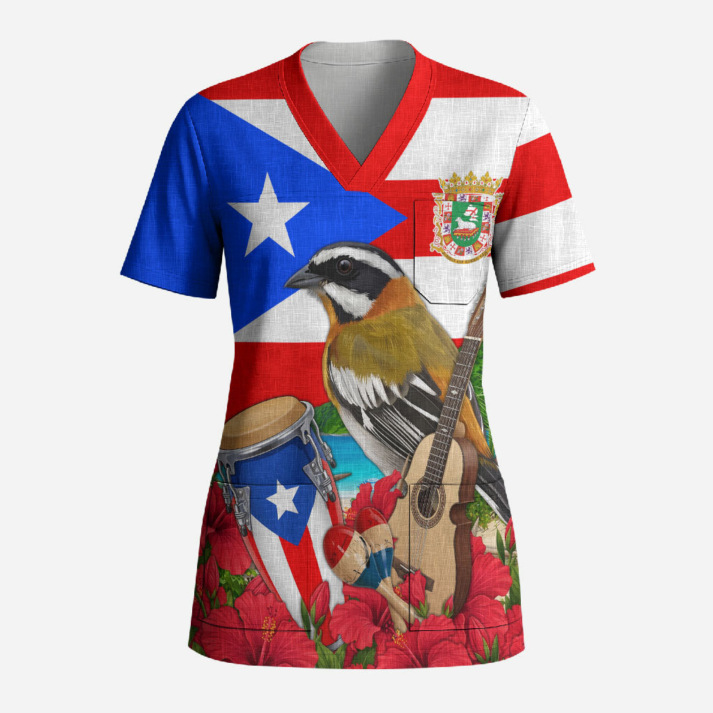 Puerto Rico Hispanic Heritage Month Scrub Top Boricua Pride Tropical Beach Flag Art