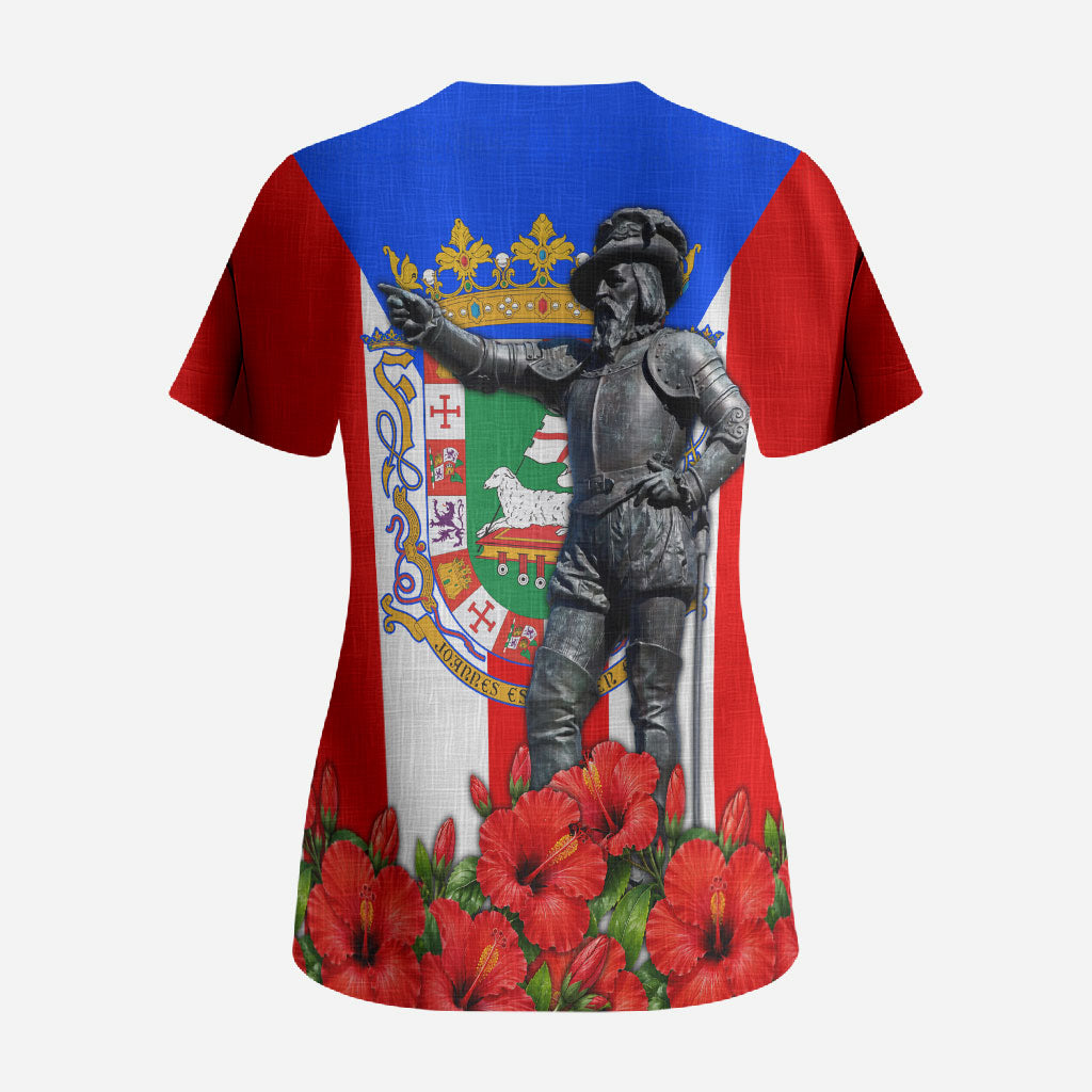 Puerto Rico Hispanic Heritage Scrub Top Boricua Pride Flag Map And Statue Art