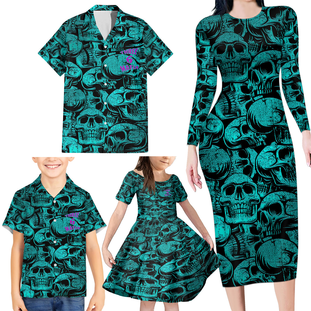 Three 6 Mafia Skull Family Matching Long Sleeve Bodycon Dress and Hawaiian Shirt Three 6 Mafia - Wonder Print Shop