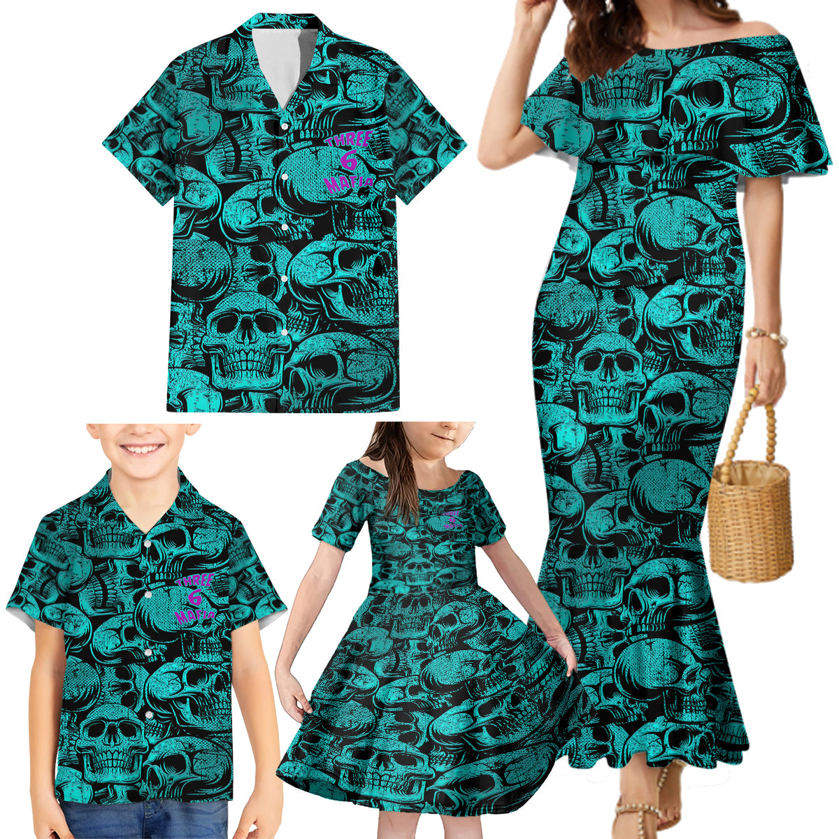 Three 6 Mafia Skull Family Matching Mermaid Dress and Hawaiian Shirt Three 6 Mafia - Wonder Print Shop