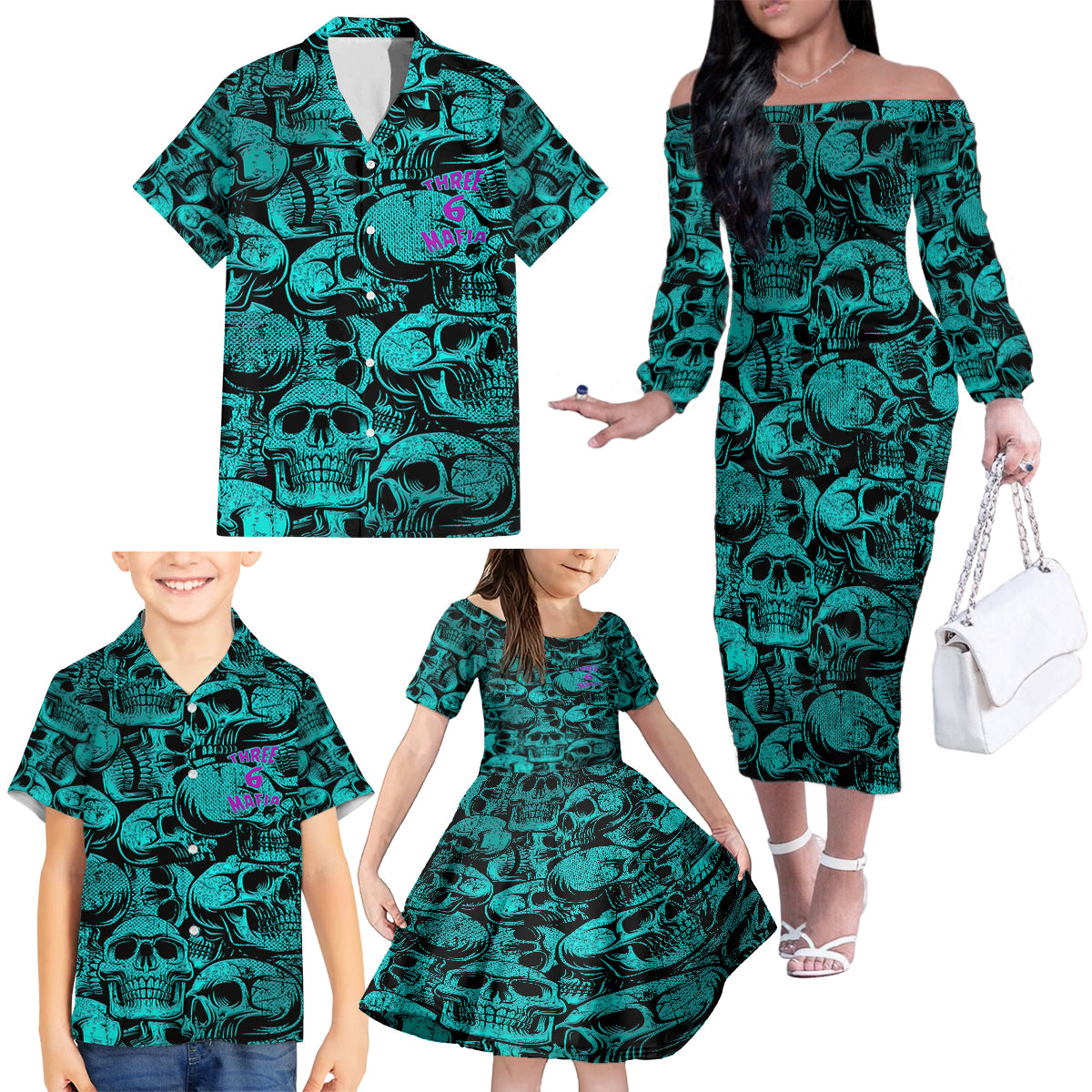 Three 6 Mafia Skull Family Matching Off Shoulder Long Sleeve Dress and Hawaiian Shirt Three 6 Mafia - Wonder Print Shop