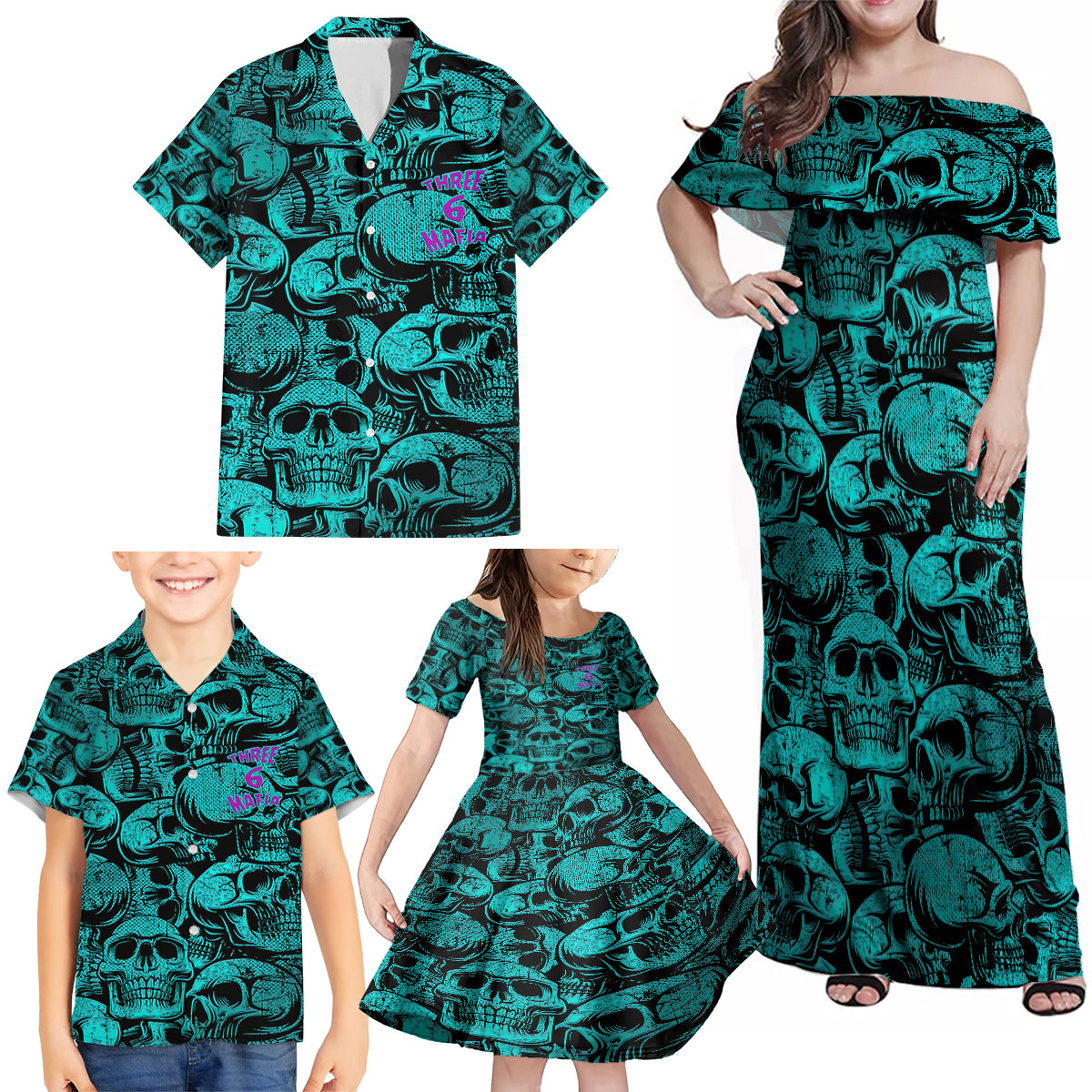 Three 6 Mafia Skull Family Matching Off Shoulder Maxi Dress and Hawaiian Shirt Three 6 Mafia - Wonder Print Shop