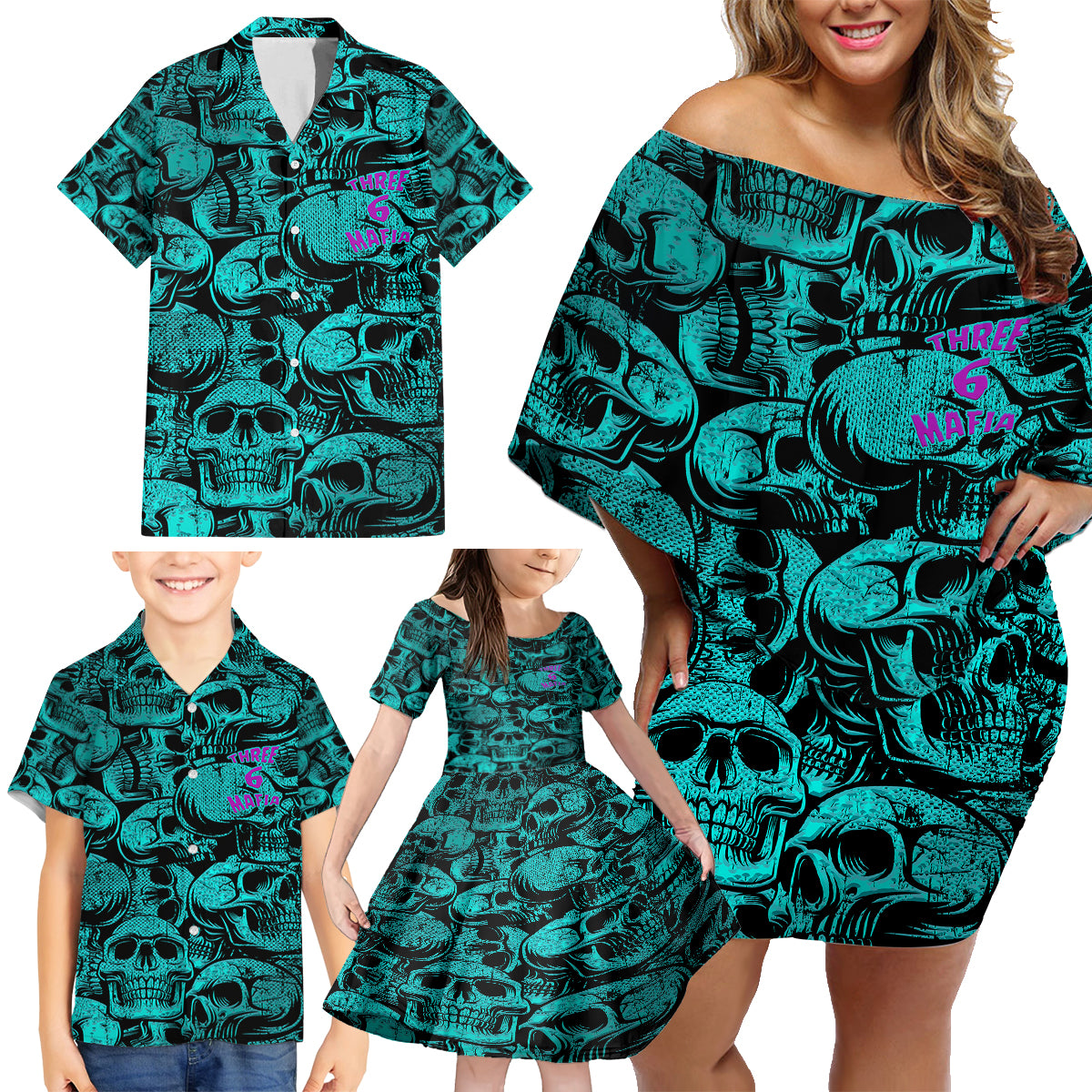 Three 6 Mafia Skull Family Matching Off Shoulder Short Dress and Hawaiian Shirt Three 6 Mafia - Wonder Print Shop