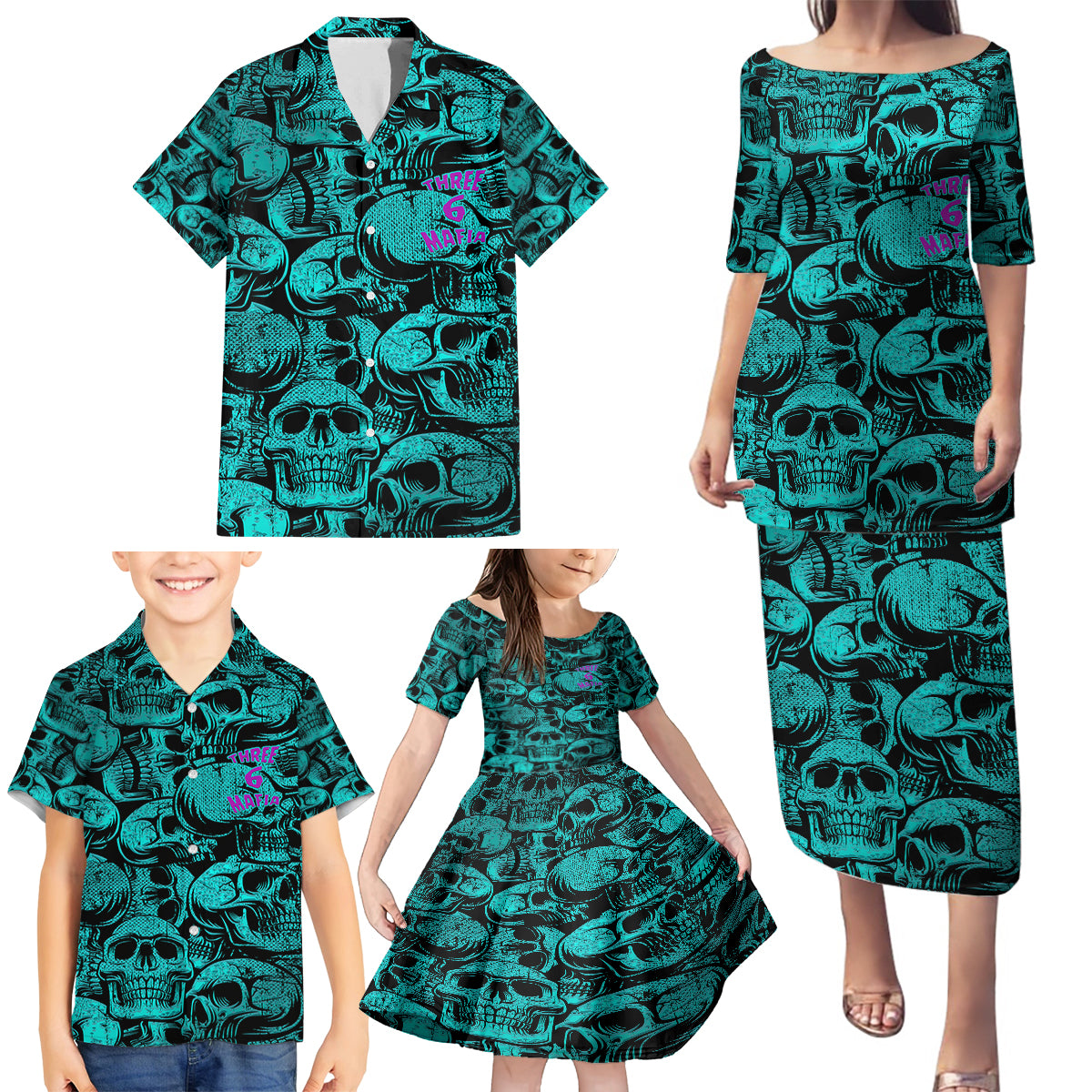 Three 6 Mafia Skull Family Matching Puletasi Dress and Hawaiian Shirt Three 6 Mafia - Wonder Print Shop