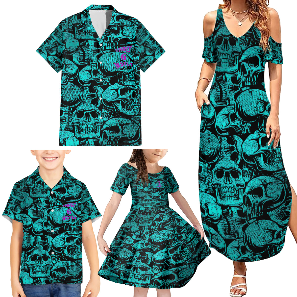 Three 6 Mafia Skull Family Matching Summer Maxi Dress and Hawaiian Shirt Three 6 Mafia - Wonder Print Shop