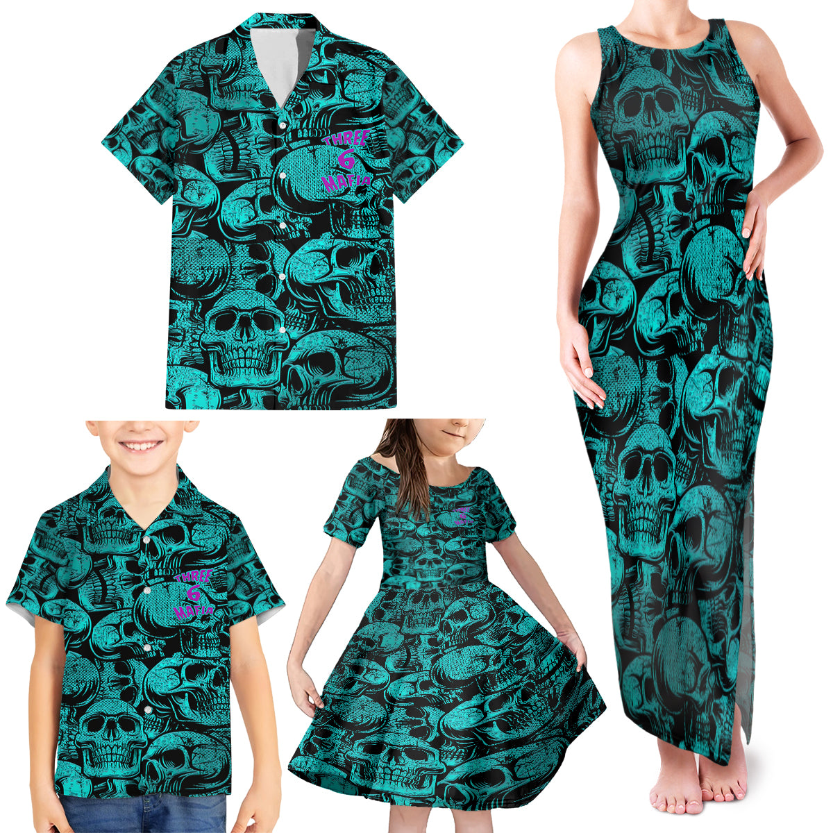 Three 6 Mafia Skull Family Matching Tank Maxi Dress and Hawaiian Shirt Three 6 Mafia - Wonder Print Shop