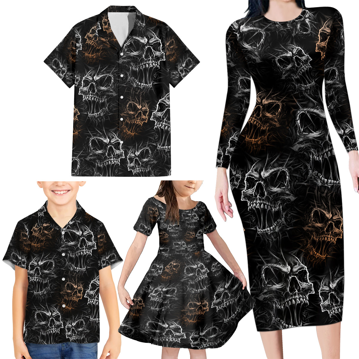 Skull Pattern Family Matching Long Sleeve Bodycon Dress and Hawaiian Shirt Never Trust The Living - Wonder Print Shop