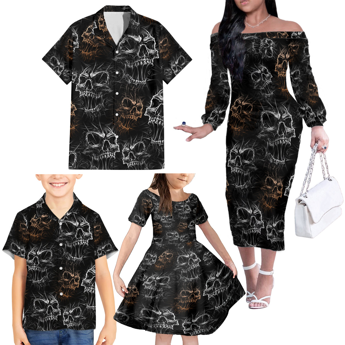 Skull Pattern Family Matching Off Shoulder Long Sleeve Dress and Hawaiian Shirt Never Trust The Living - Wonder Print Shop