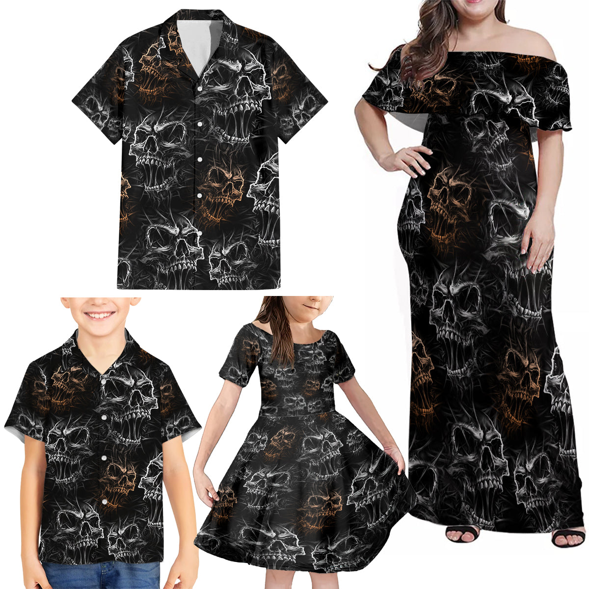 Skull Pattern Family Matching Off Shoulder Maxi Dress and Hawaiian Shirt Never Trust The Living - Wonder Print Shop