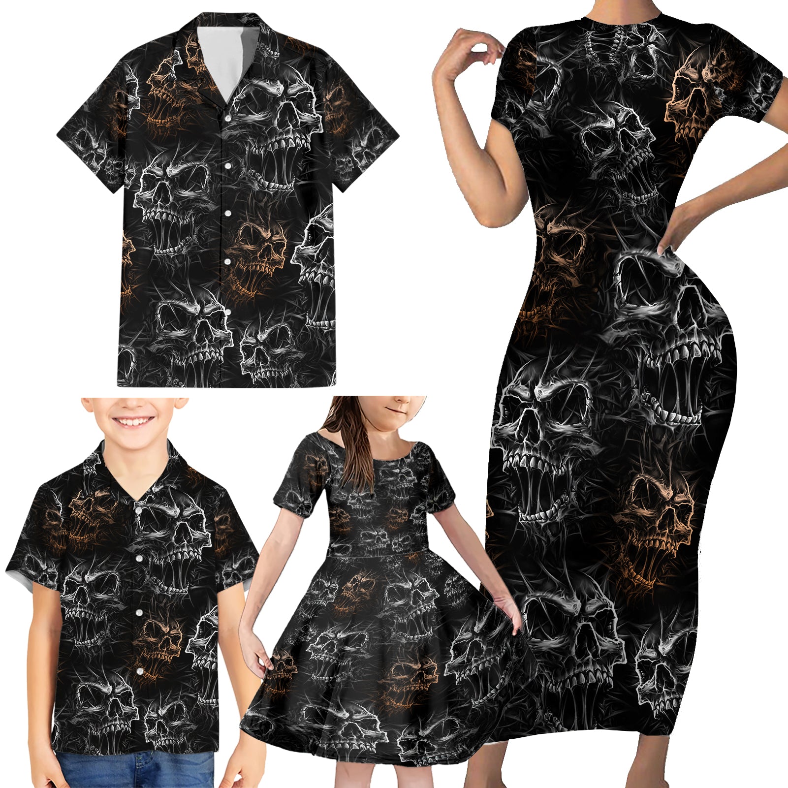 Skull Pattern Family Matching Short Sleeve Bodycon Dress and Hawaiian Shirt Never Trust The Living - Wonder Print Shop