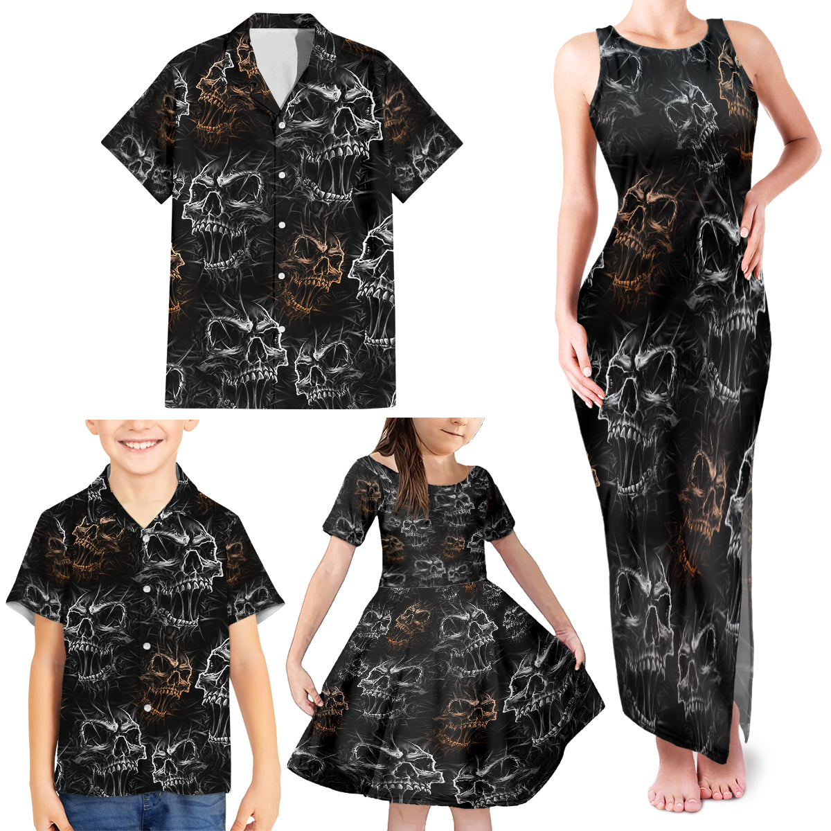 Skull Pattern Family Matching Tank Maxi Dress and Hawaiian Shirt Never Trust The Living - Wonder Print Shop