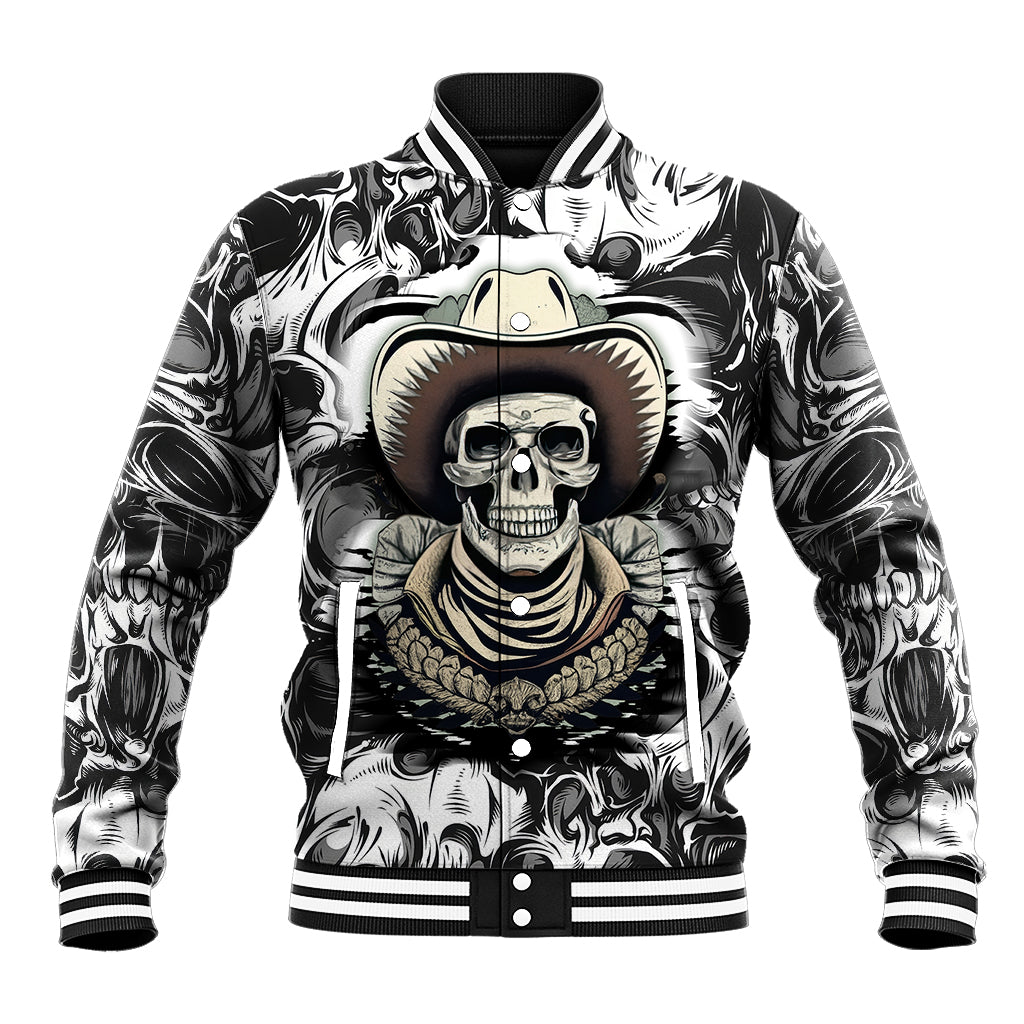 Men’s skull cowboy baseball jacket with bold black-and-white print, striped rib trim