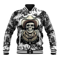 Men’s skull cowboy baseball jacket with bold black-and-white print, striped rib trim