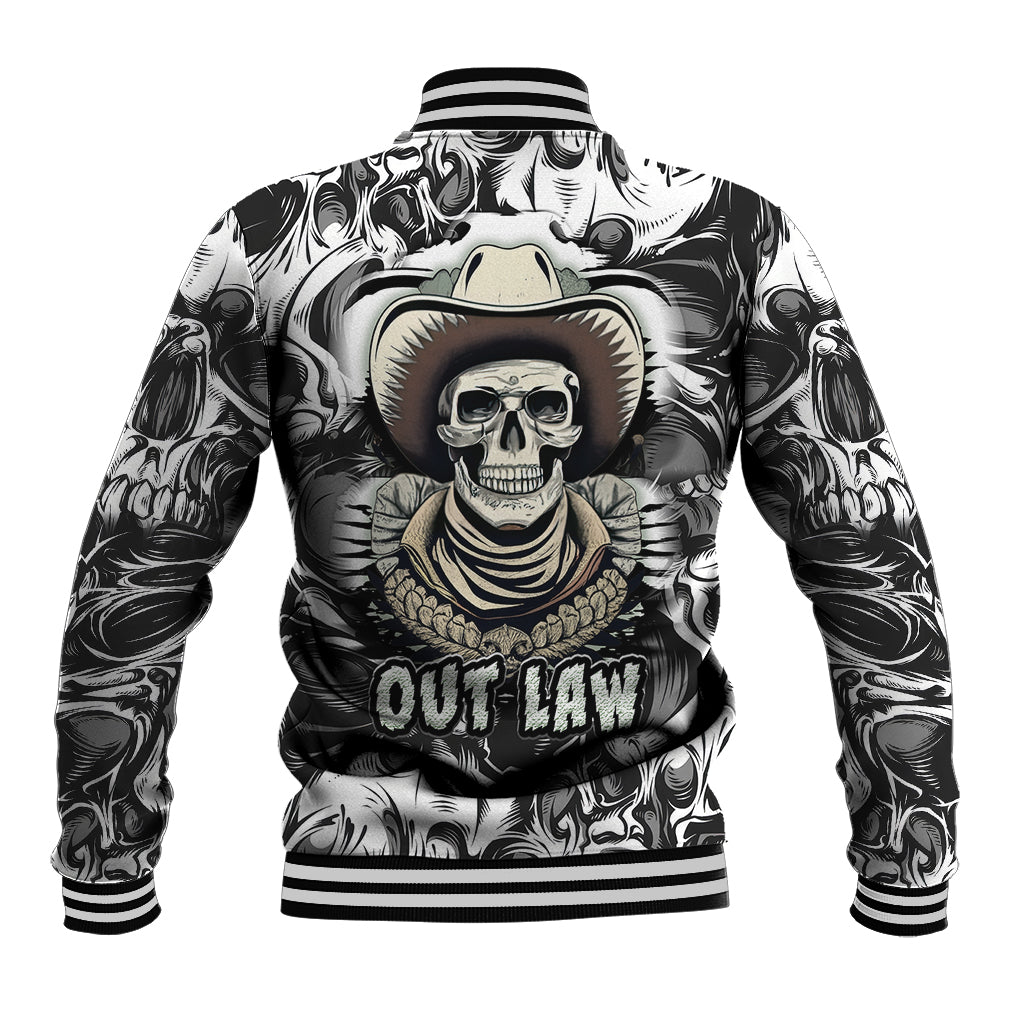 Skull cowboy baseball jacket, “OUT LAW” chest graphic and black ribbed collar