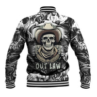 Skull cowboy baseball jacket, “OUT LAW” chest graphic and black ribbed collar