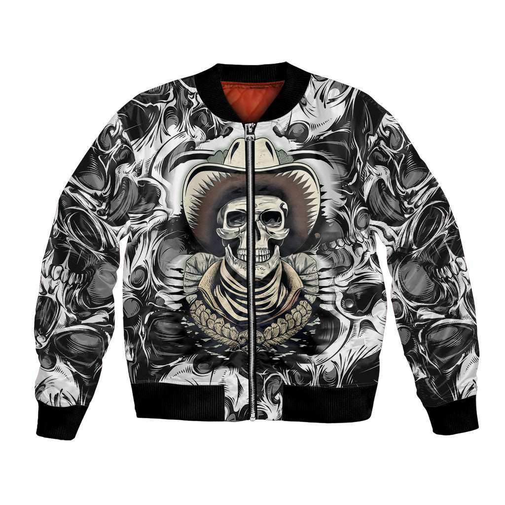 Unisex bomber jacket in black with white skull cowboy graphic and zip front
