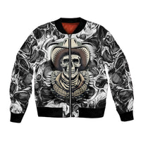 Unisex bomber jacket in black with white skull cowboy graphic and zip front