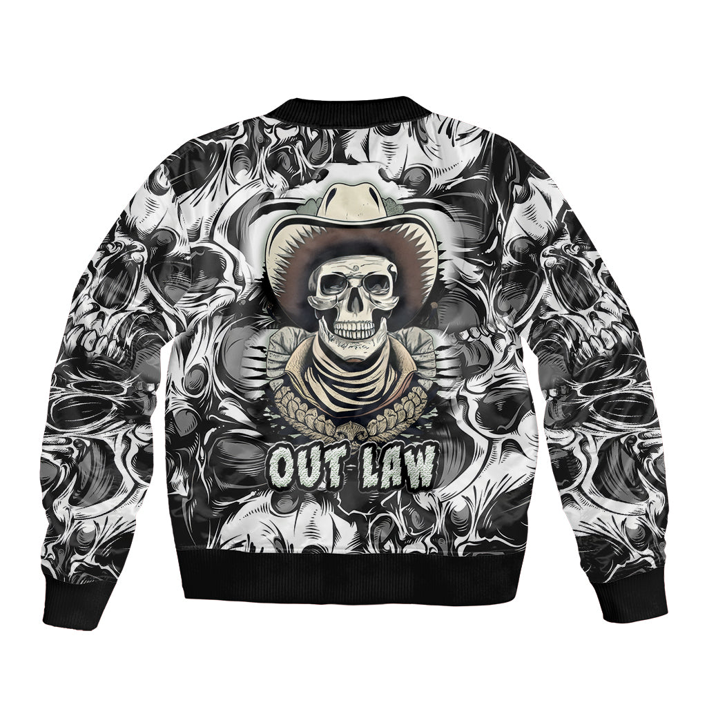 Unisex bomber jacket with black-and-white skull cowboy artwork and ribbed hem