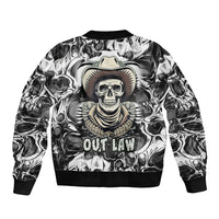 Unisex bomber jacket with black-and-white skull cowboy artwork and ribbed hem
