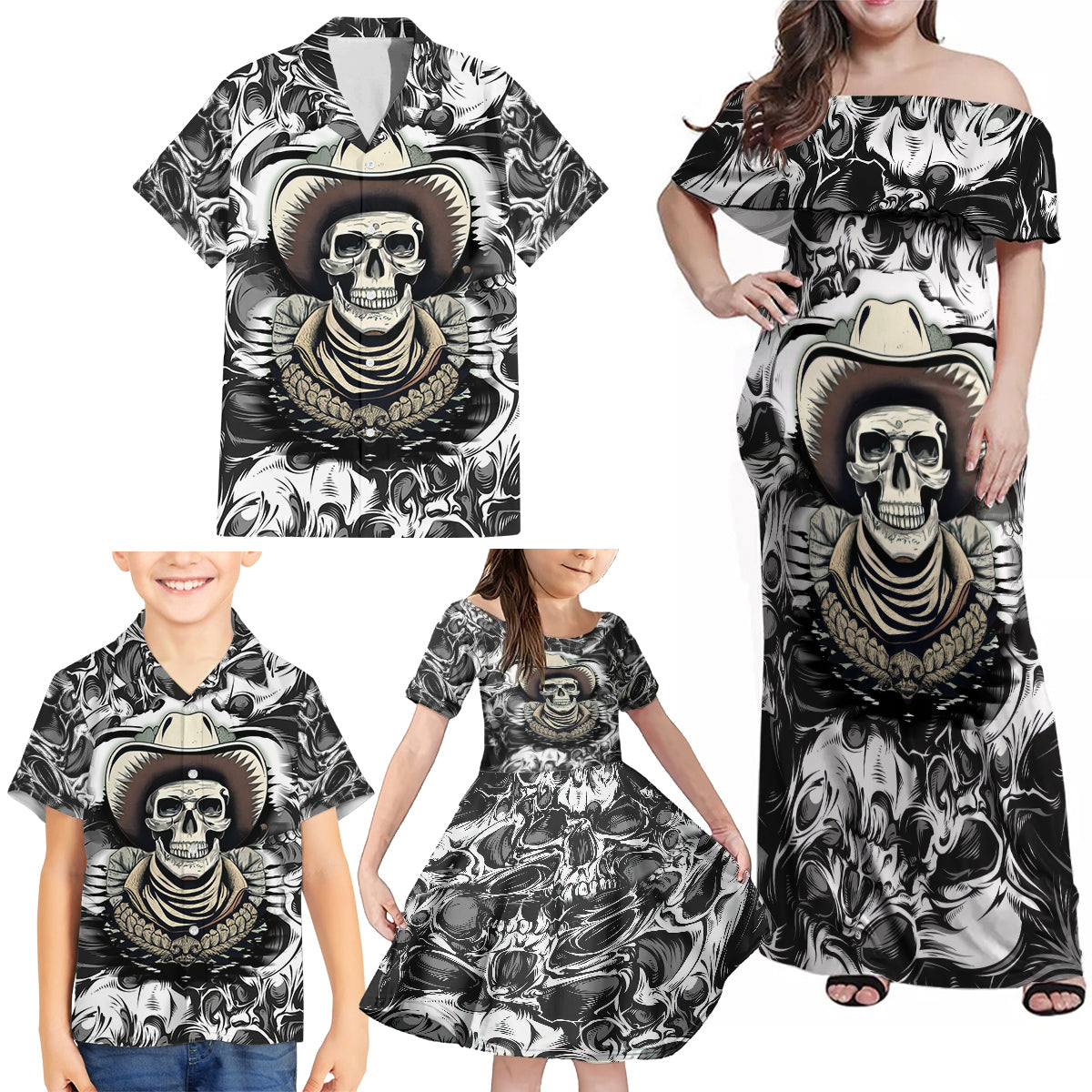 Skull Cowboy Family Matching Off Shoulder Maxi Dress and Hawaiian Shirt Out Law - Wonder Print Shop