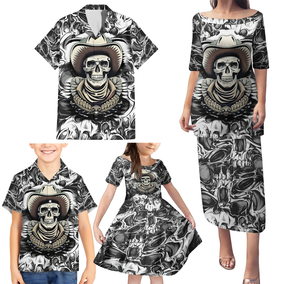 Skull Cowboy Family Matching Puletasi Dress and Hawaiian Shirt Out Law - Wonder Print Shop