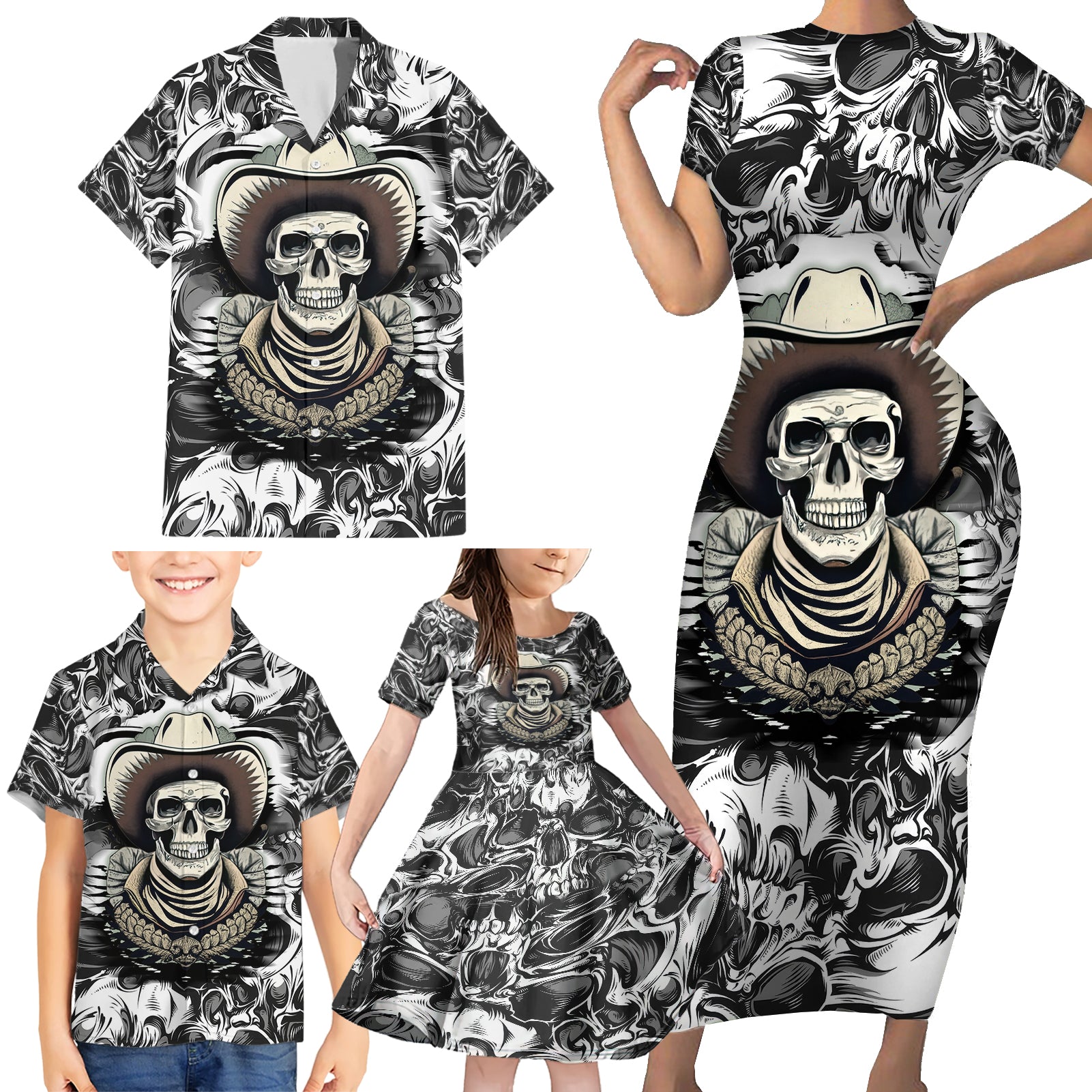 Skull Cowboy Family Matching Short Sleeve Bodycon Dress and Hawaiian Shirt Out Law - Wonder Print Shop