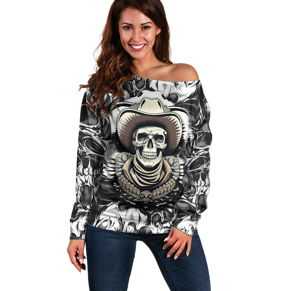 Skull Cowboy Off Shoulder Sweater Out Law - Wonder Print Shop