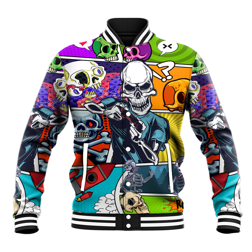 Multicolor comic skull baseball jacket with striped collar and bold front graphic