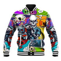 Multicolor comic skull baseball jacket with striped collar and bold front graphic