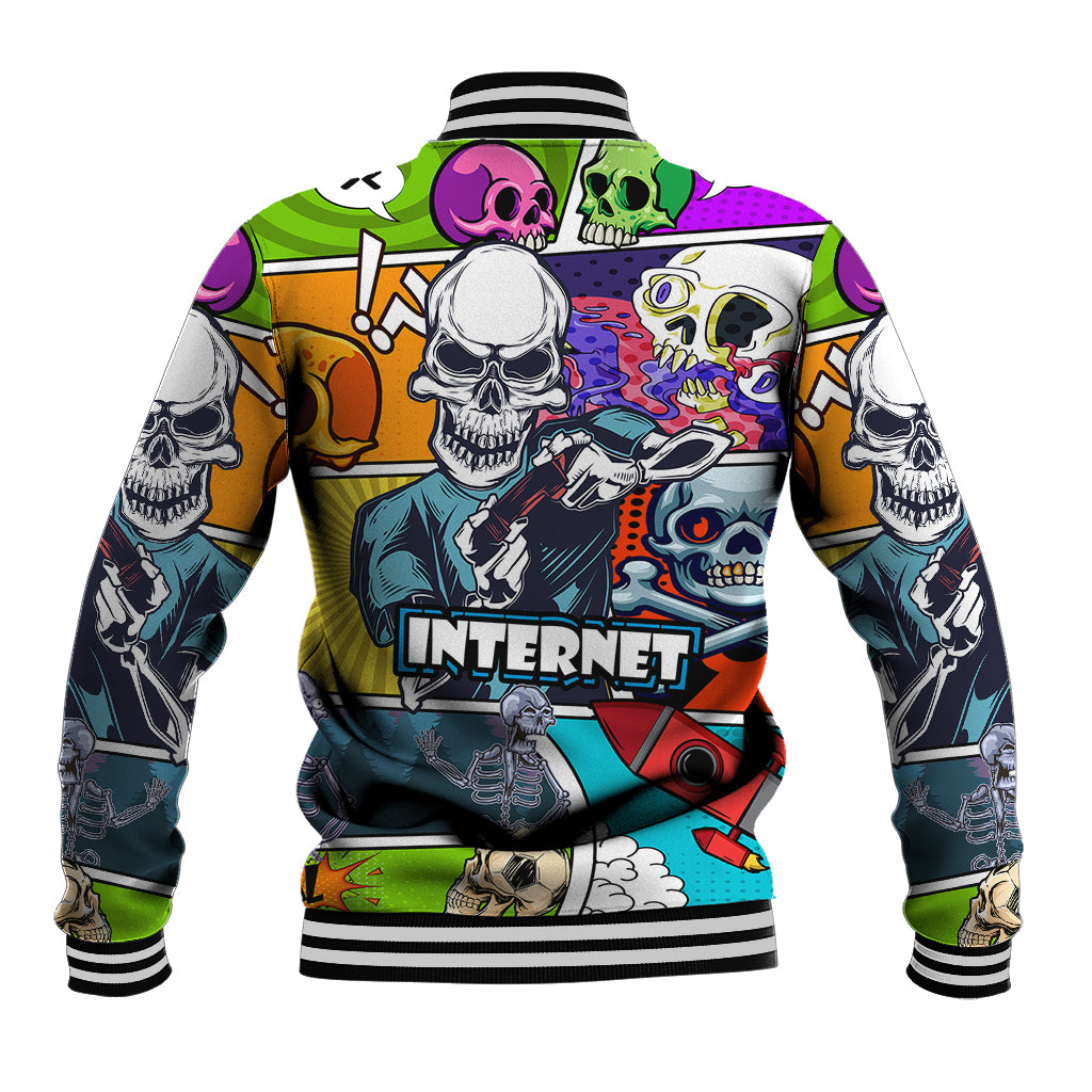 Multicolor comic skull baseball jacket with striped cuffs and 'INTERNET' center graphic
