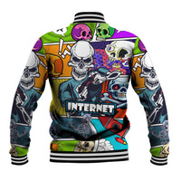 Multicolor comic skull baseball jacket with striped cuffs and 'INTERNET' center graphic