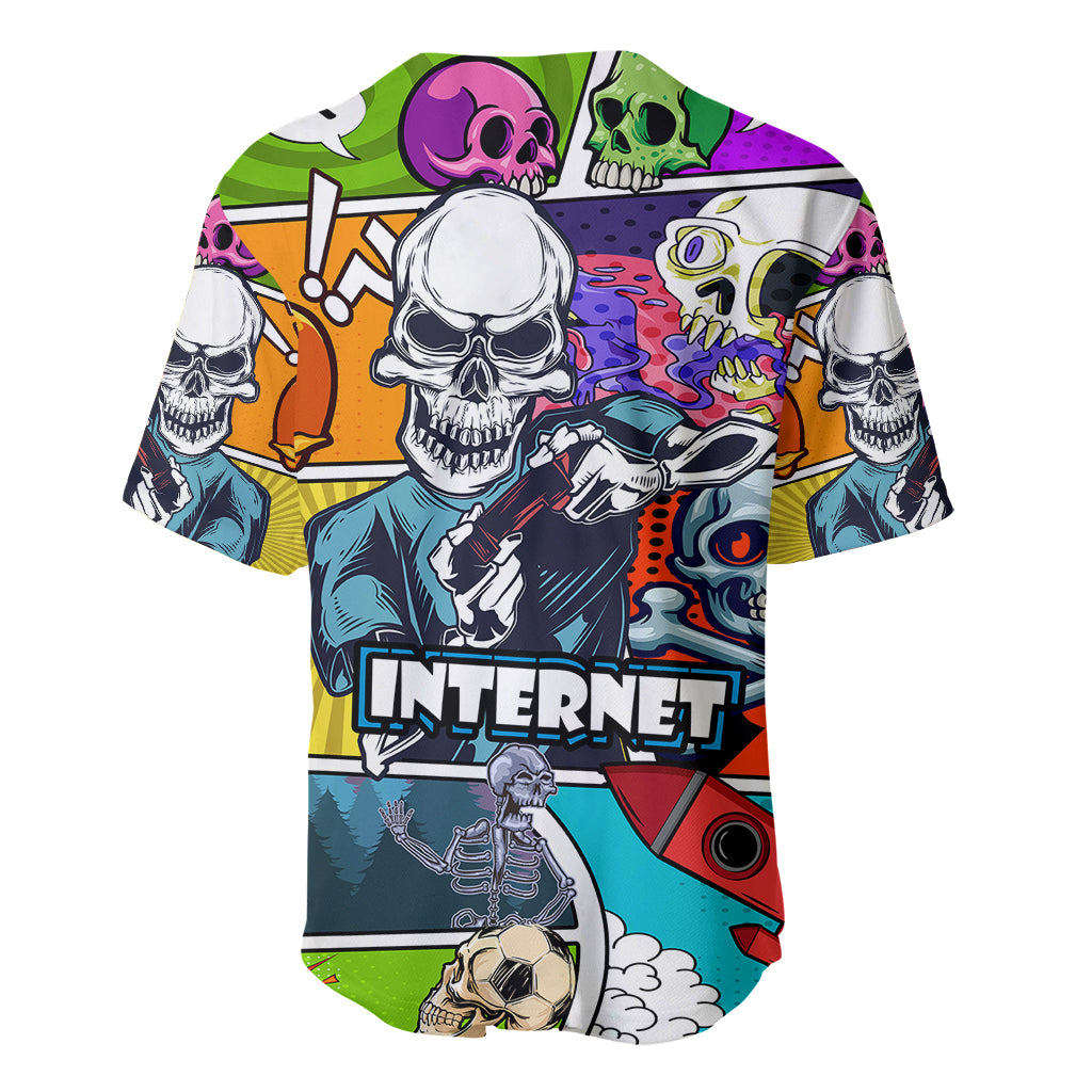 Multicolor skull baseball jersey with skeleton guitarist and 'Internet' banner front print