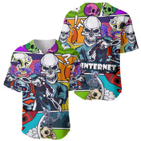 Multicolor skull pop art baseball jersey with 'Internet' and cartoon skeleton figures