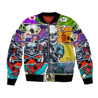 Multicolor comic skull bomber jacket with front zipper and graphic skeleton artwork