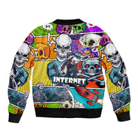 Multicolor comic skull bomber jacket, ribbed collar, 'INTERNET' graphic on front