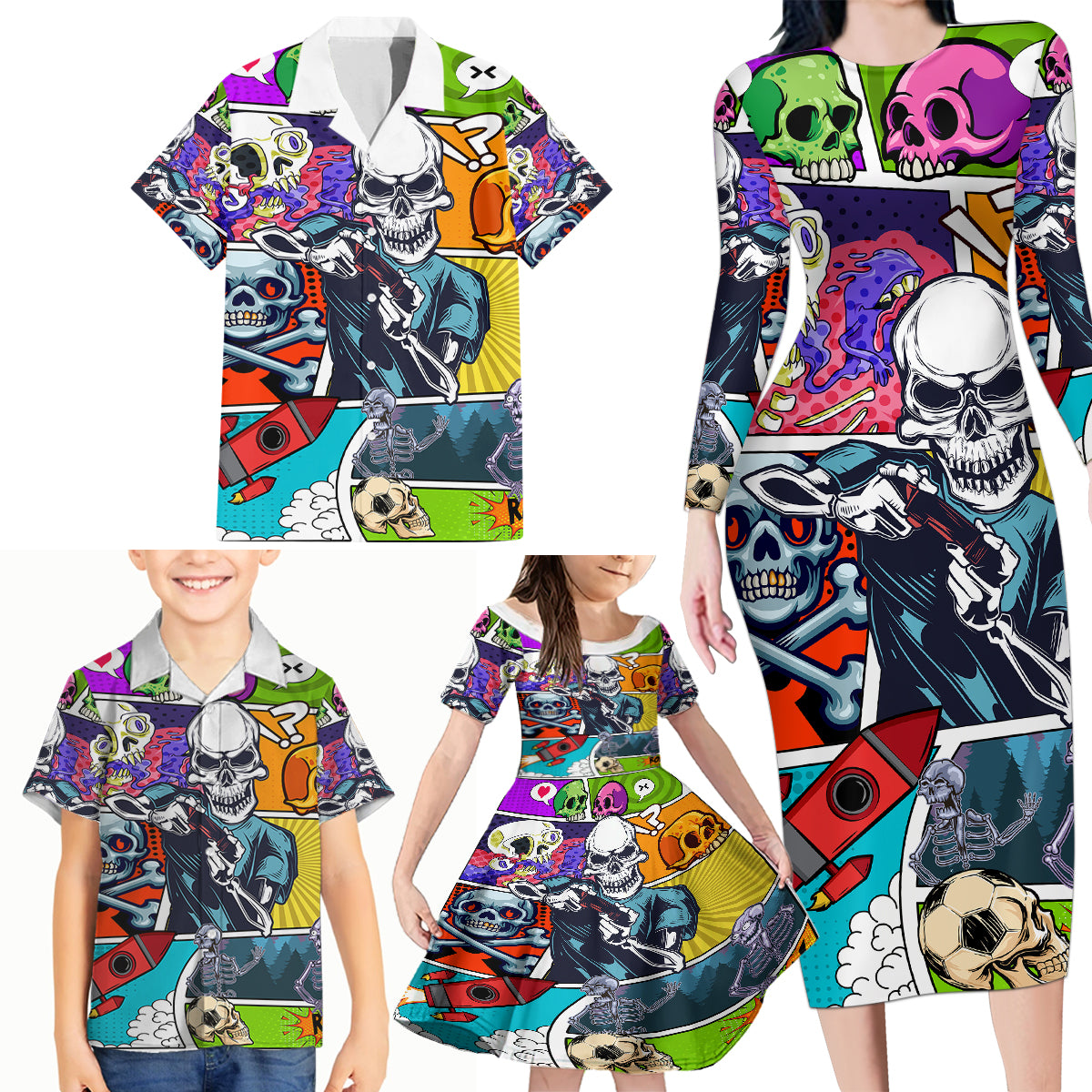 Comic Skull Family Matching Long Sleeve Bodycon Dress and Hawaiian Shirt Pop Art Cartoon Skull Funny - Wonder Print Shop