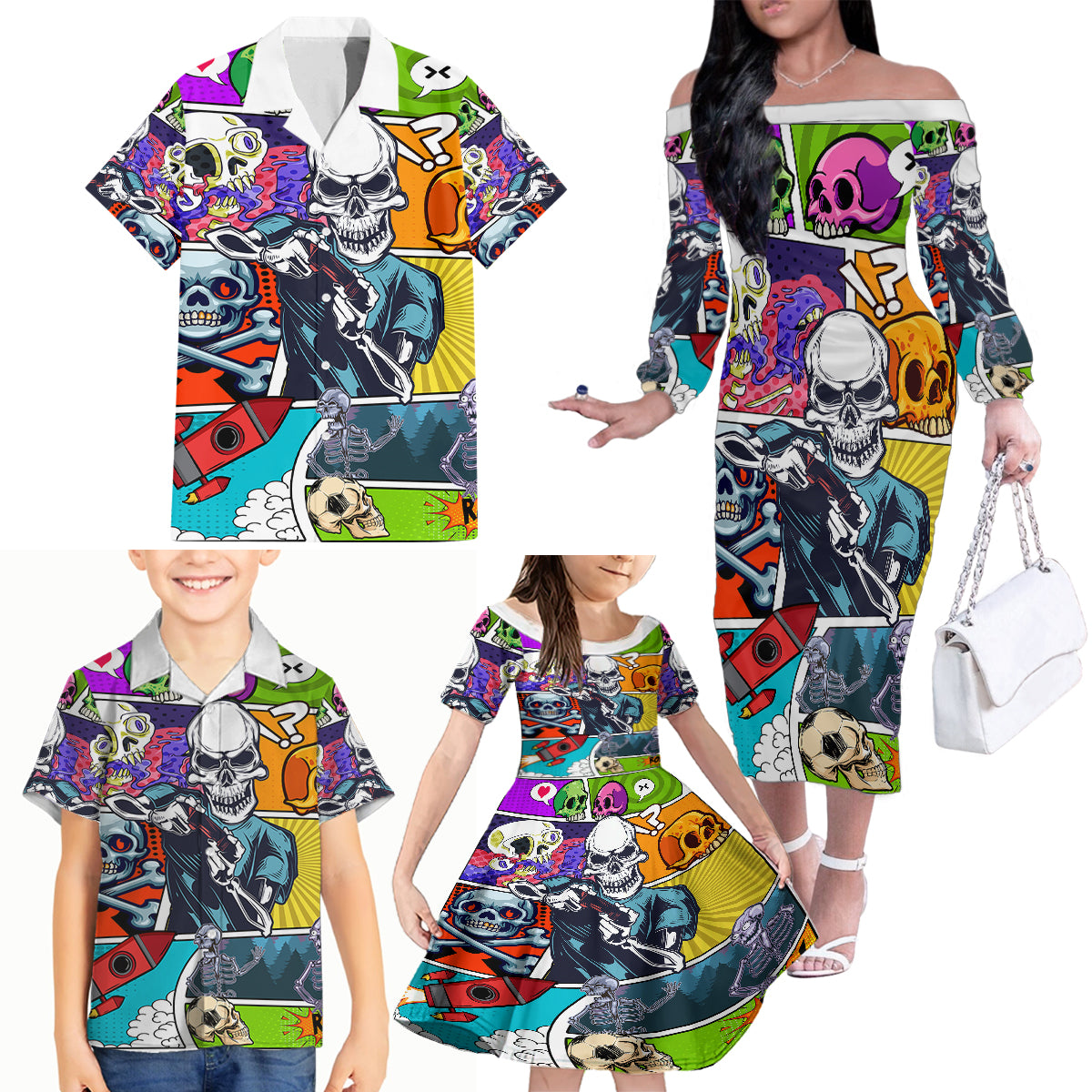 Comic Skull Family Matching Off Shoulder Long Sleeve Dress and Hawaiian Shirt Pop Art Cartoon Skull Funny - Wonder Print Shop